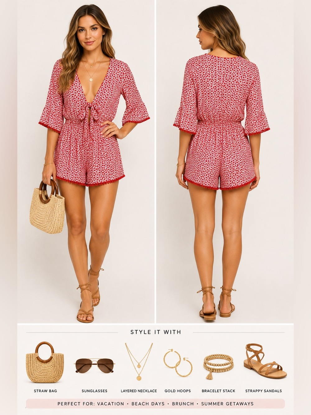 Willow & Clay Romper Women’s S Red/White Floral Eyelet Embroidered Lace Pompoms